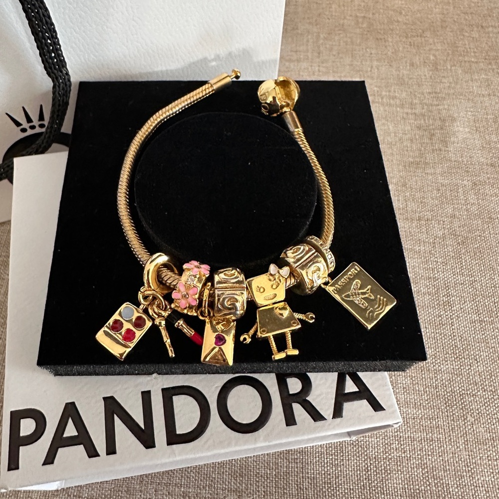 Pandora Moments Snake Chain Bracelet - 14k Gold Plated with Charms